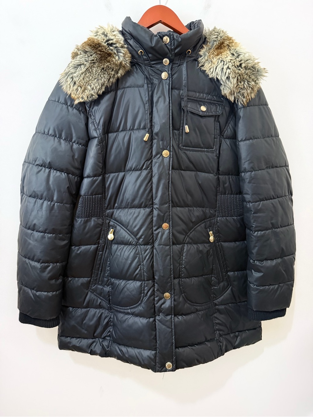 Laundry by Design Puffer Jacket Winter Coat Faux Fur Hood Cinched Waist Black XL